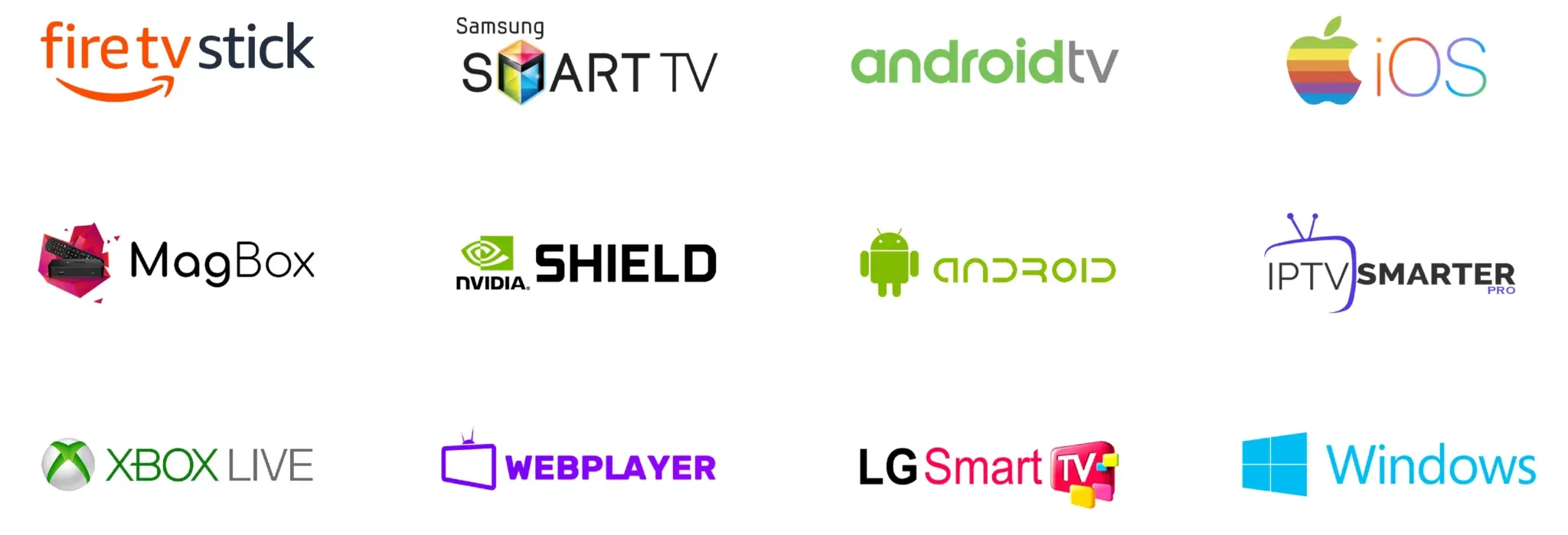Best UK IPTV device and platform logos: Fire TV, Android TV, Samsung, LG, Apple and MAG